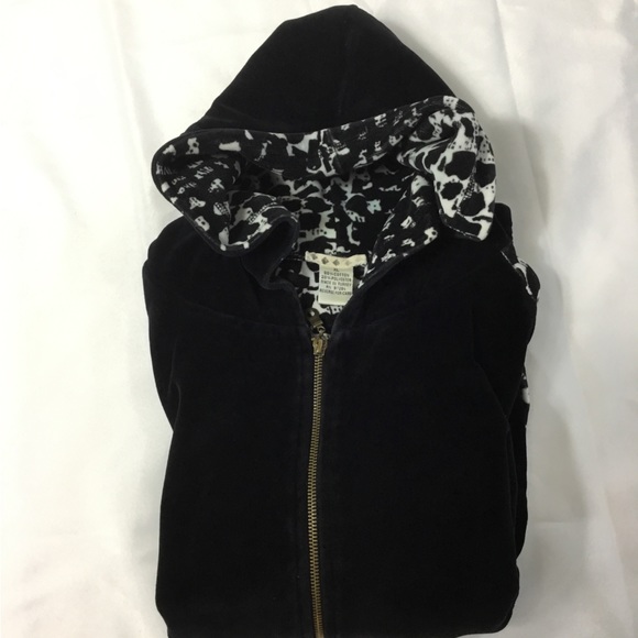Black Velour Sweat Track Sweater Hooded Animal Print Side Stripe Women’s Size L - Picture 6 of 6